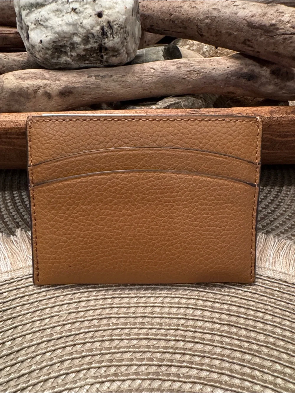 Tory Burch Cognac Leather Card Holder with Gold Logo